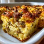 A close-up of a golden-brown slice of sausage cornbread stuffing with a crispy top, garnished with thyme.