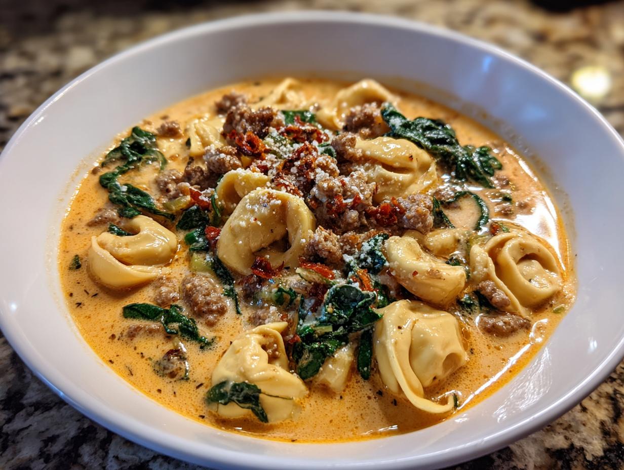 A close-up of creamy sausage tortellini soup, featuring tortellini pasta, ground sausage, spinach, and cheese garnish.