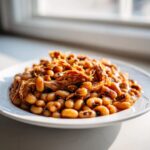A white plate filled with savory black eyed peas topped with shredded pulled pork, served near a bright window.