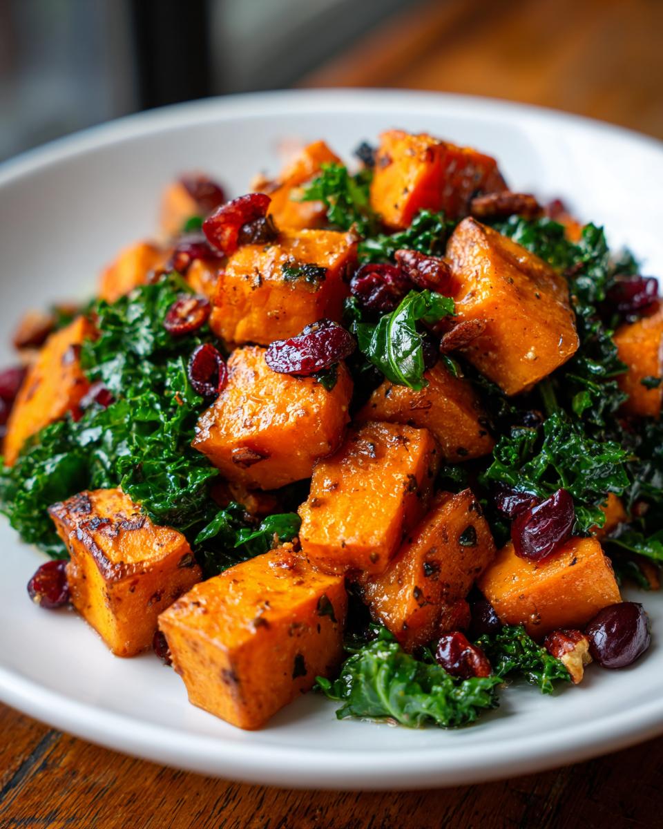 Close-up of roasted sweet potato salad cubes mixed with dark green kale and dried cranberries.
