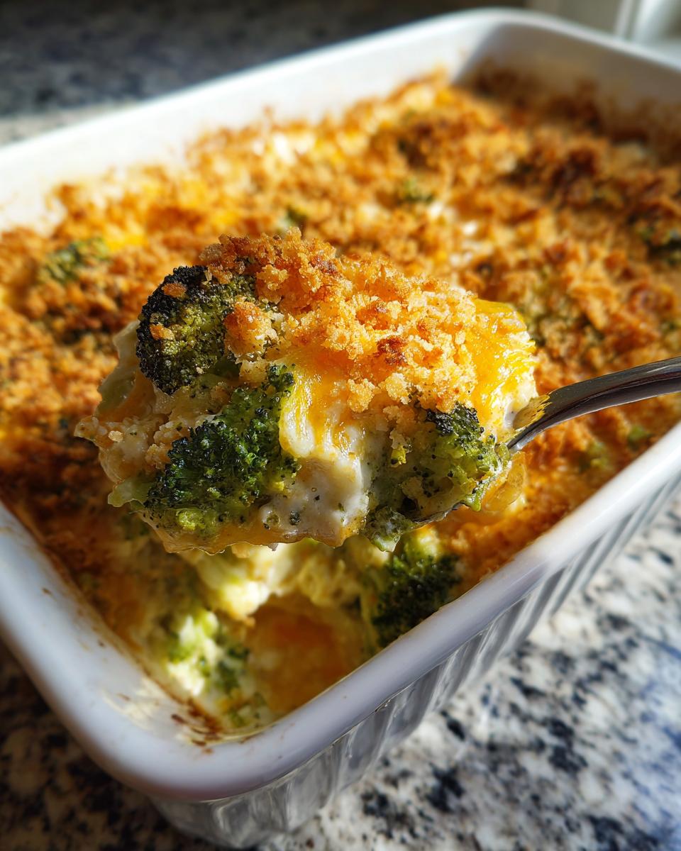 A spoonful of creamy, cheesy broccoli casserole topped with golden brown breadcrumbs being lifted from a white baking dish.