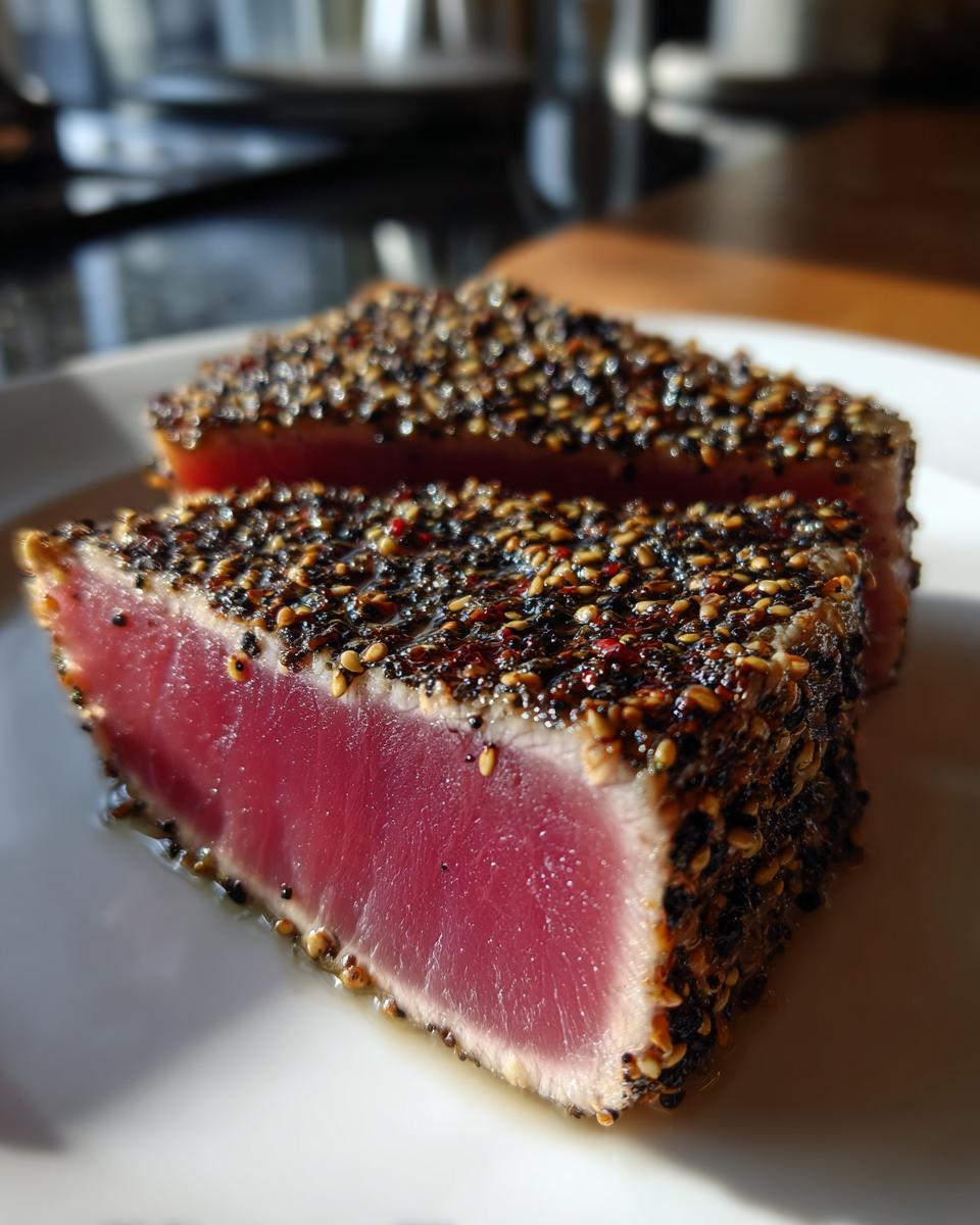 Two thick slices of perfectly Seared Ahi Tuna showing a bright pink, rare center and a dark, sesame seed crust.