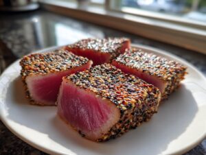 Four thick slices of perfectly seared ahi tuna, crusted with sesame seeds, showing a bright pink center.