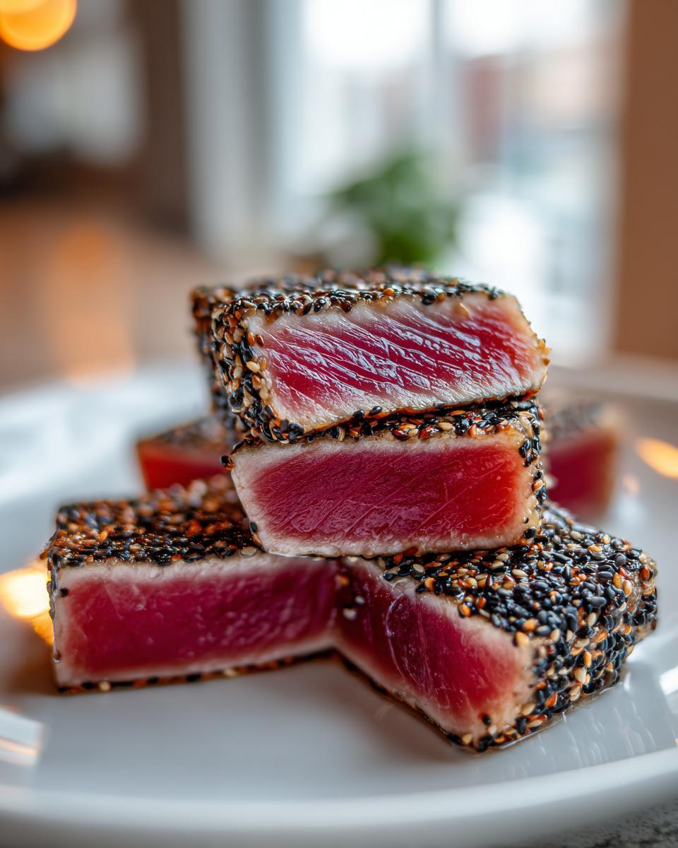Close-up of perfectly seared ahi tuna steaks, crusted with black and white sesame seeds, showing a bright red, rare center.