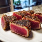 Close-up of perfectly seared ahi tuna slices showing a rare, deep pink center and a dark sesame/pepper crust.