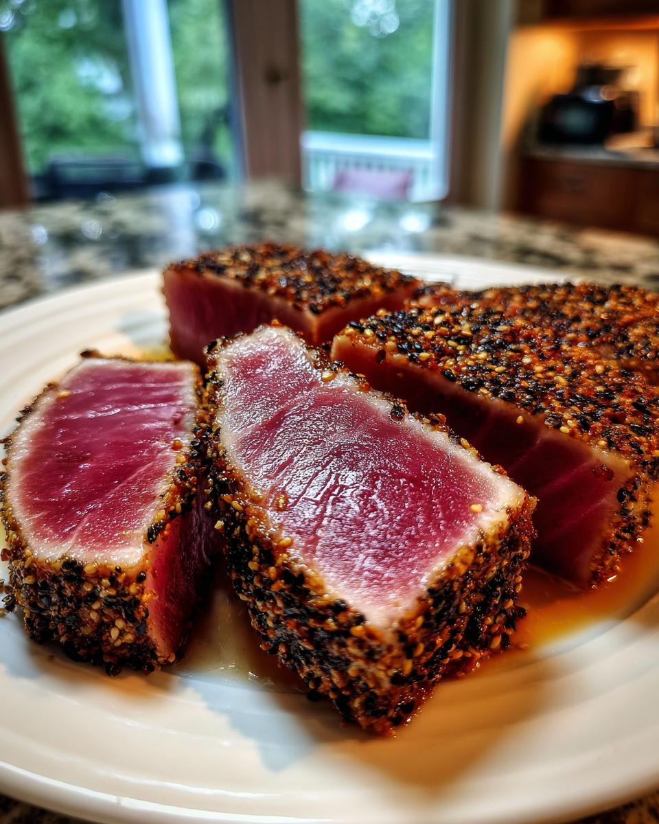 Close-up of perfectly seared ahi tuna, sliced to show rare pink center and sesame seed crust.