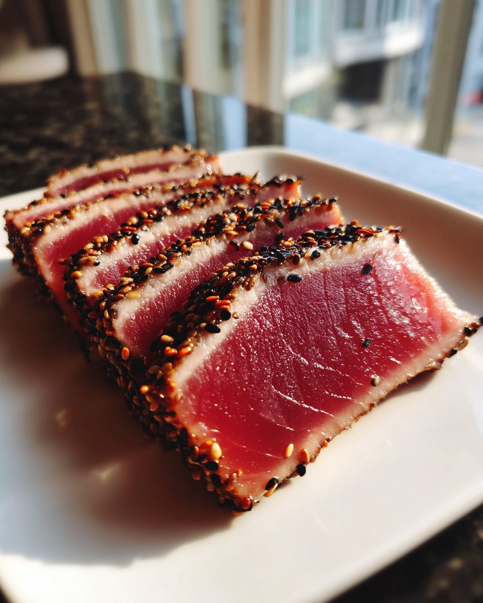 Four slices of perfectly seared Ahi Tuna, crusted with sesame seeds, showing a bright red center.