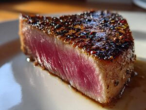 Close-up of a rare, perfectly seared tuna steak showing a deep pink center and a dark, crusted exterior from the MARINADE FOR TUNA STEAK.