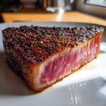 Close-up of a perfectly seared tuna steak, rare in the center, showing a dark spice crust.