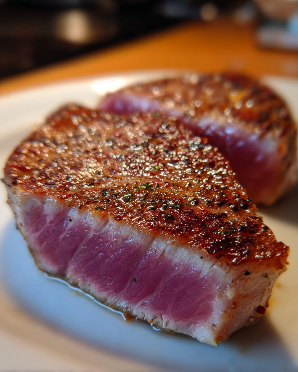 Close-up of a perfectly seared tuna steak, showing a deep pink, rare center and a seasoned crust, ready after using the MARINADE FOR TUNA STEAK.