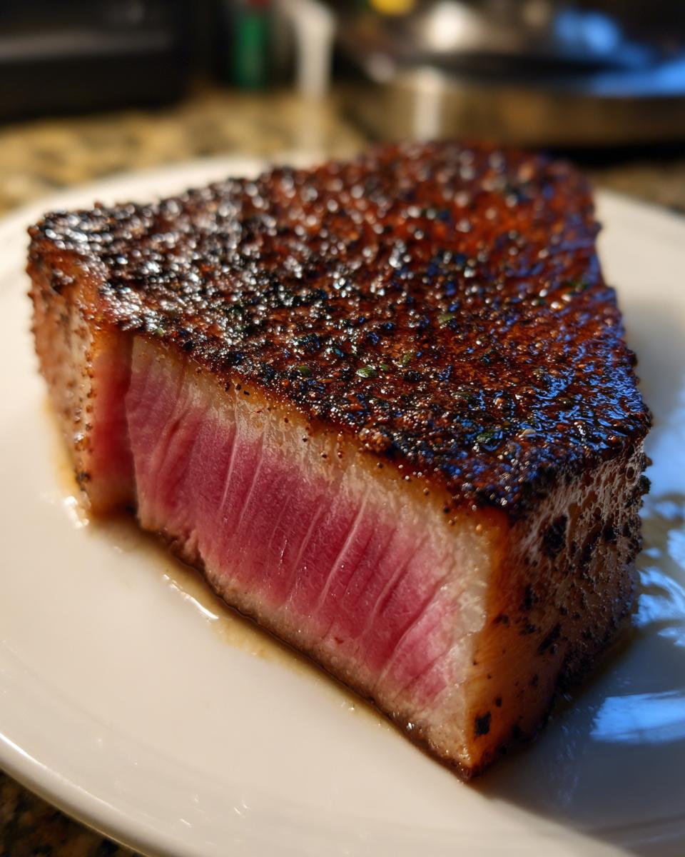 Close-up of a thick, perfectly seared tuna steak showing a dark crust and bright pink rare center, ideal for MARINADE FOR TUNA STEAK.