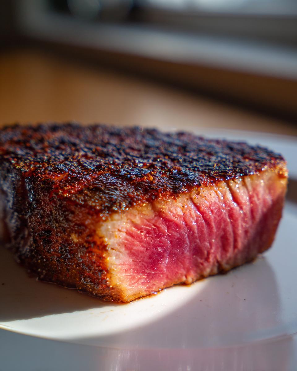 Close-up of a thick, perfectly cooked tuna steak showing a deep red interior and a dark, seasoned crust, ideal for a MARINADE FOR TUNA STEAK.