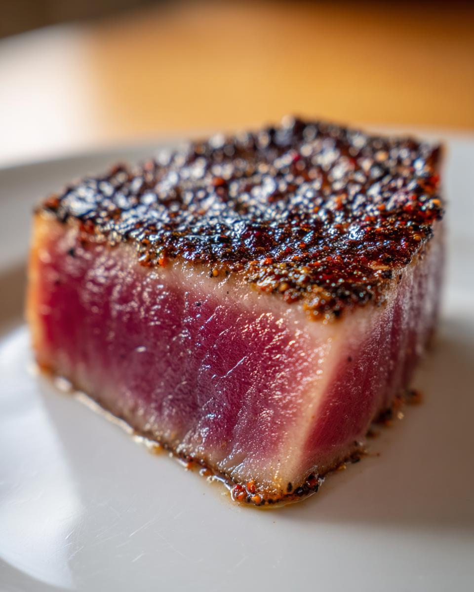 Close-up of a thick, rare tuna steak with a dark spice crust, showing the bright red interior after using the MARINADE FOR TUNA STEAK.