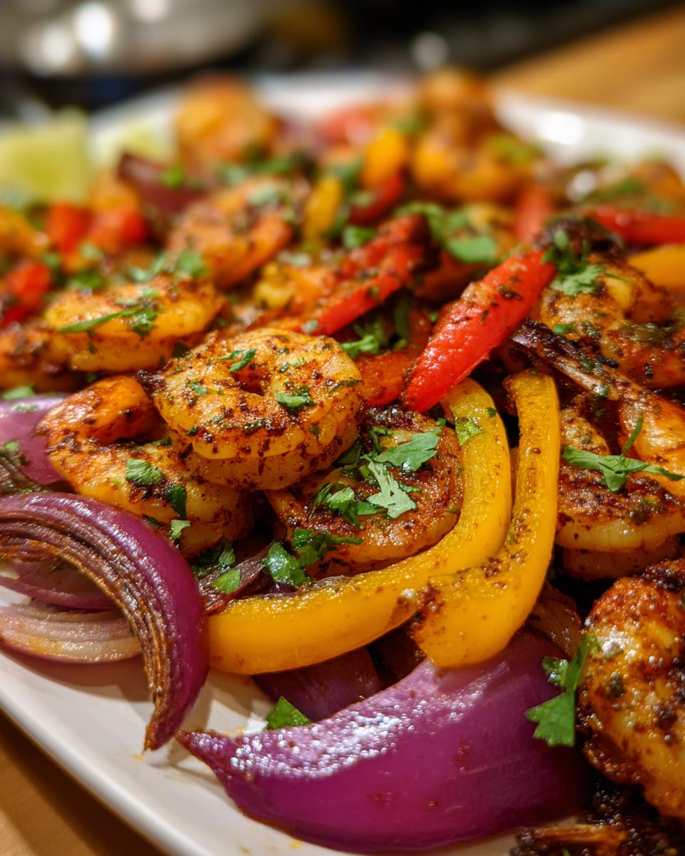 Close-up of perfectly seasoned shrimp fajitas mixed with vibrant red and yellow bell peppers and purple onions, garnished with cilantro.
