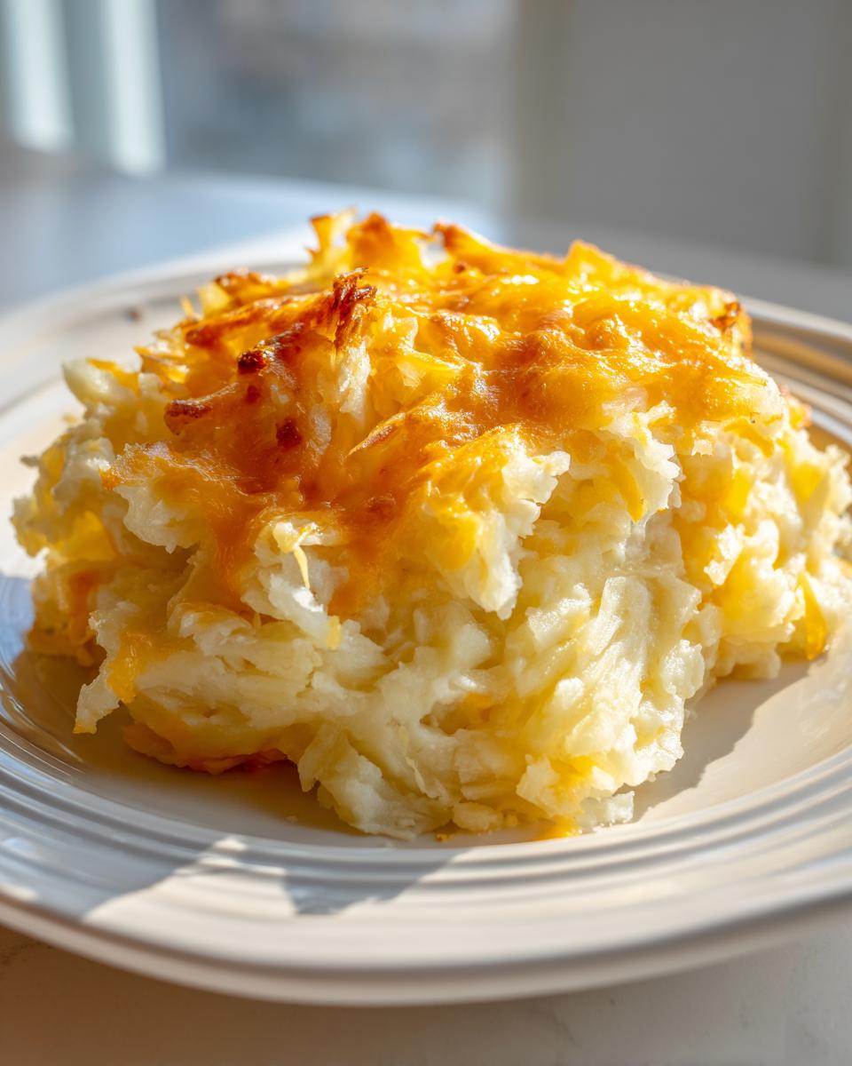 A close-up serving of creamy crockpot cheesy potatoes topped with golden, melted cheddar cheese.
