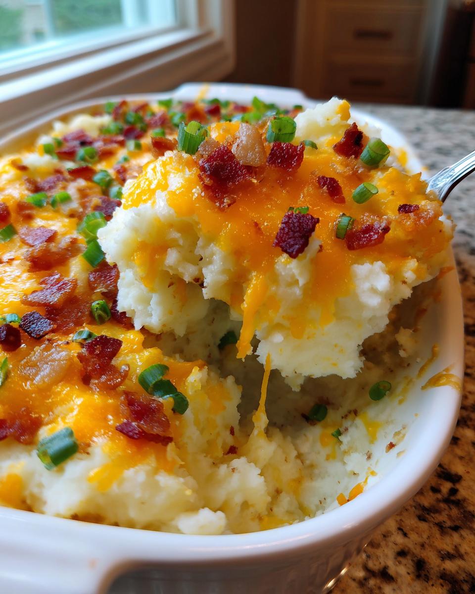 A spoonful of creamy mashed potato casserole topped with melted cheddar cheese, bacon bits, and green onions being lifted from the dish.