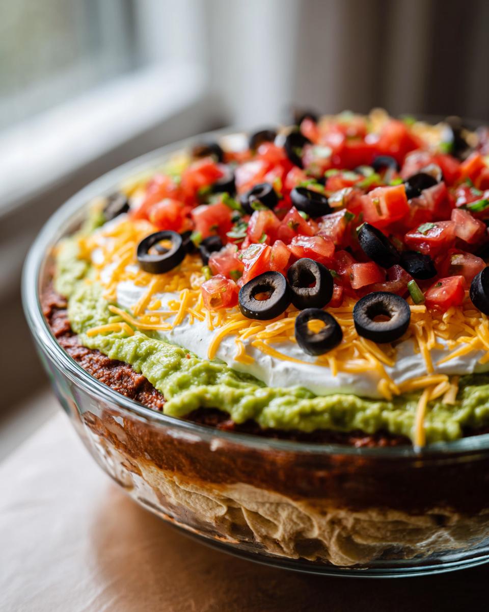 A close-up view of a layered Seven layer dip in a clear glass bowl, topped with tomatoes, olives, cheese, and guacamole.