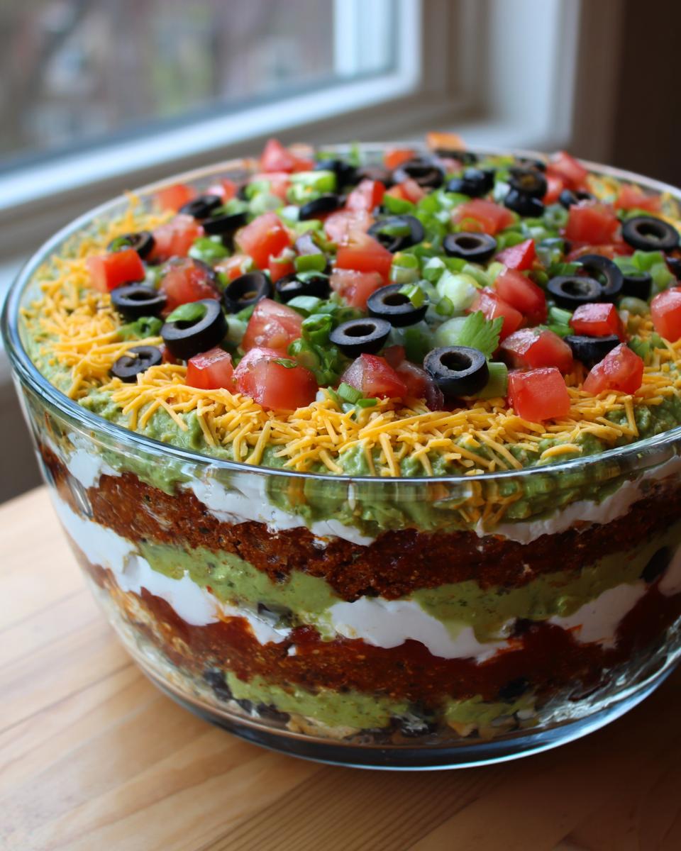 A large, layered Seven layer dip presented in a clear glass bowl, topped with cheese, olives, tomatoes, and green onions.