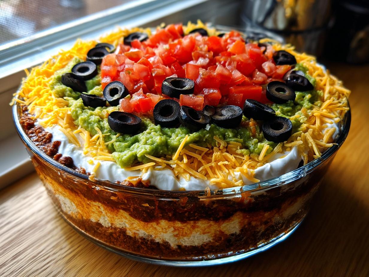 A tall, layered Seven layer dip featuring visible layers of beans, sour cream, guacamole, cheese, tomatoes, and olives.