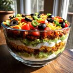 A tall, layered Seven layer dip presented beautifully in a clear glass bowl, topped with olives and jalapeños.