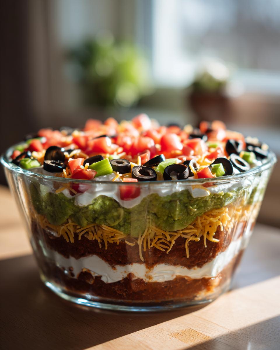 A beautiful, layered Seven layer dip served in a clear glass bowl, topped with tomatoes, olives, and green onions.