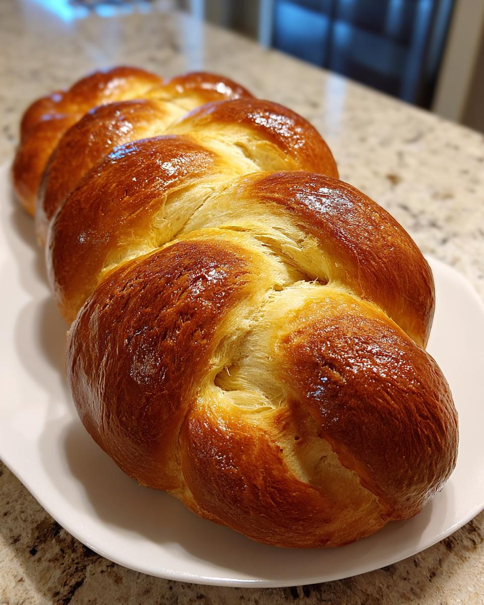 A beautifully braided, golden-brown, and glossy 3-strand Challah loaf resting on a white platter.
