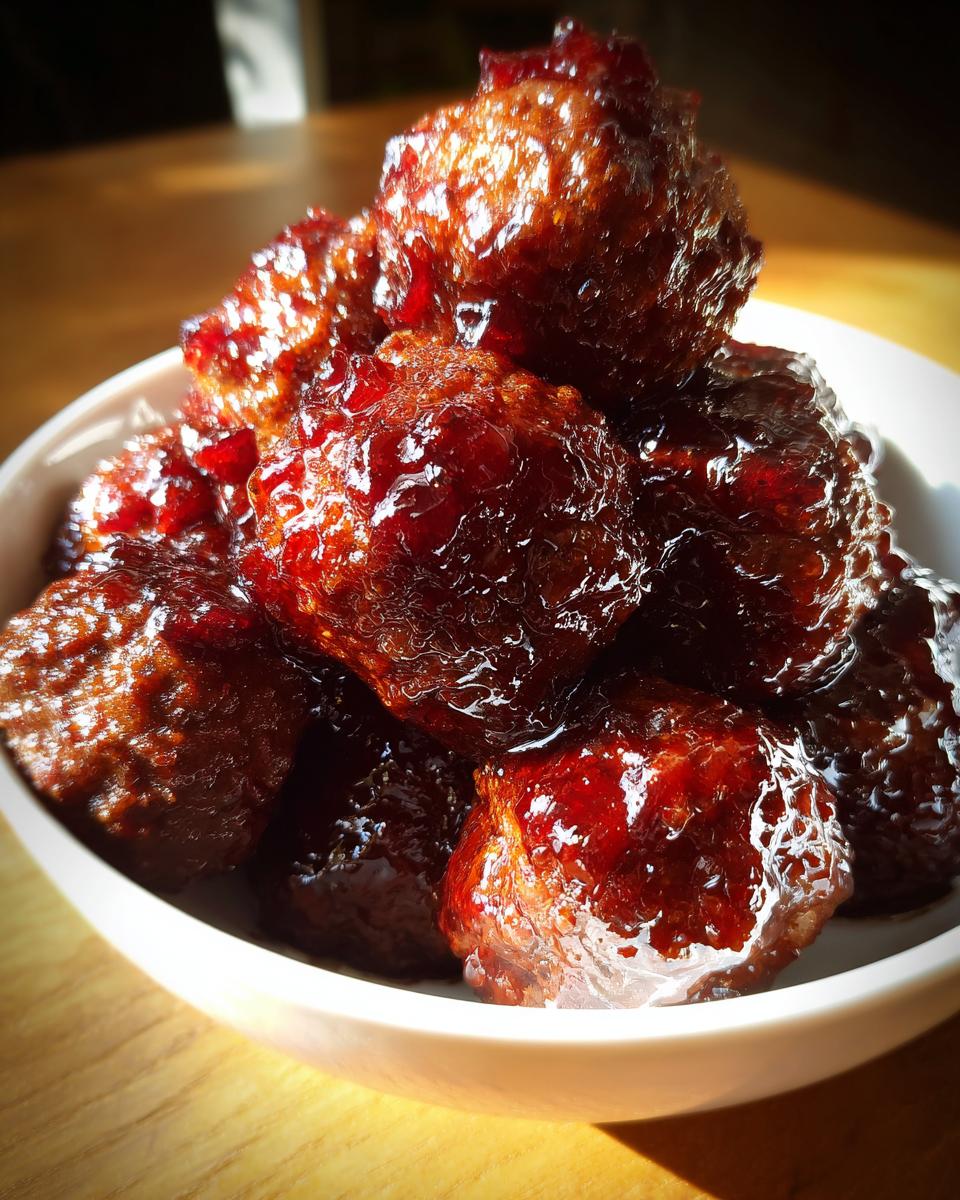 Close-up of several glossy, dark red grape jelly meatballs piled high in a white serving bowl.
