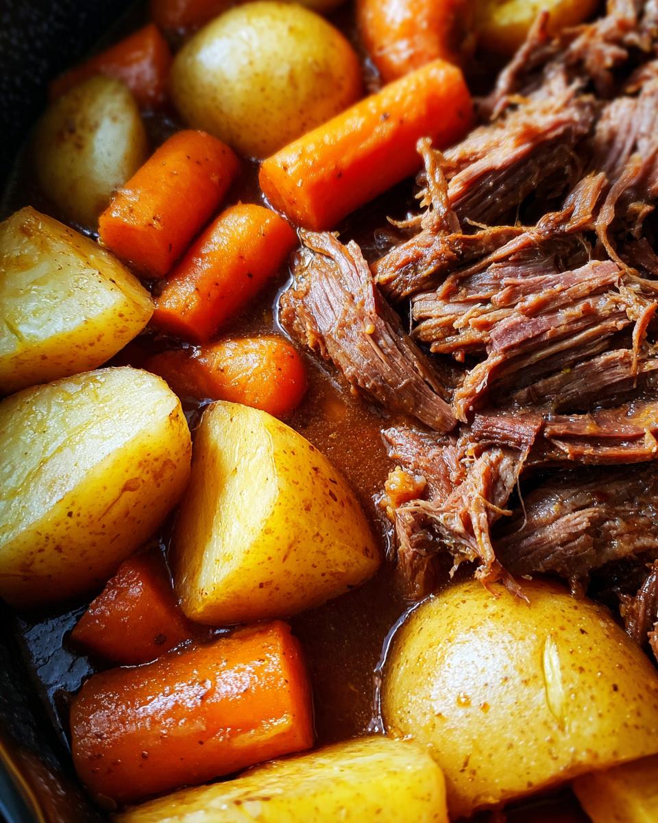 Close-up of tender, shredded beef next to chunks of cooked potatoes and carrots in a rich sauce from the slow cooker pot roast.