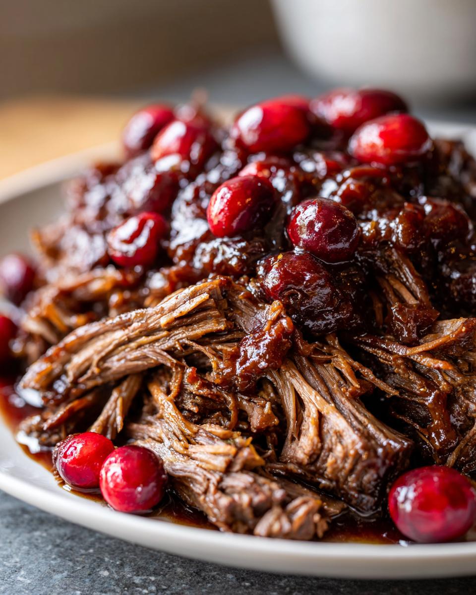 Close-up of tender, shredded cranberry pot roast topped with glossy whole cranberries and rich sauce.