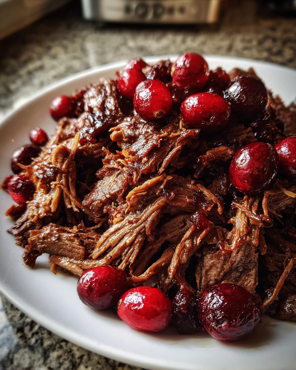 Close-up of tender, shredded cranberry pot roast topped with glossy, whole red cranberries on a white plate.