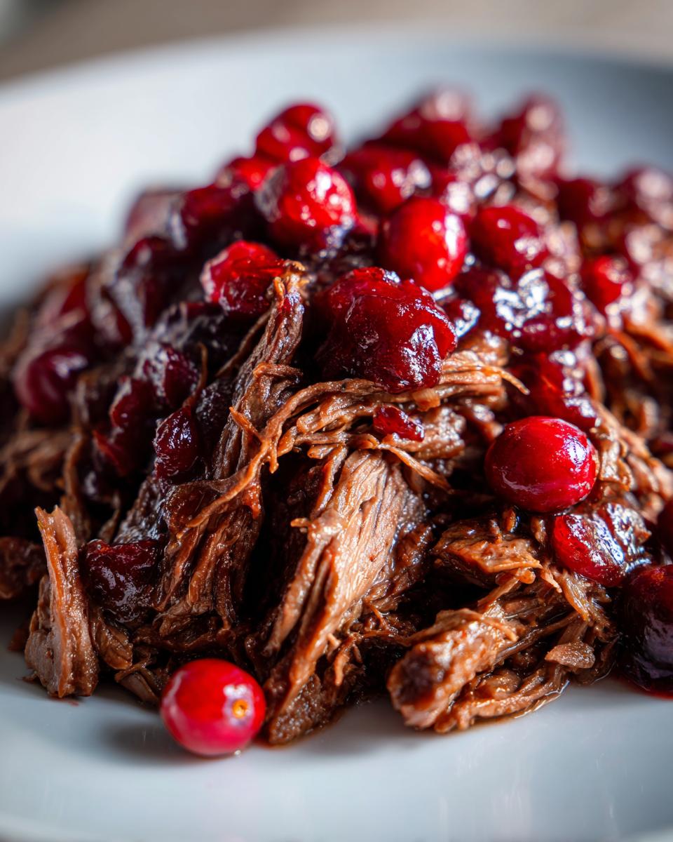 Close-up of shredded cranberry pot roast topped generously with glossy, whole cranberries.