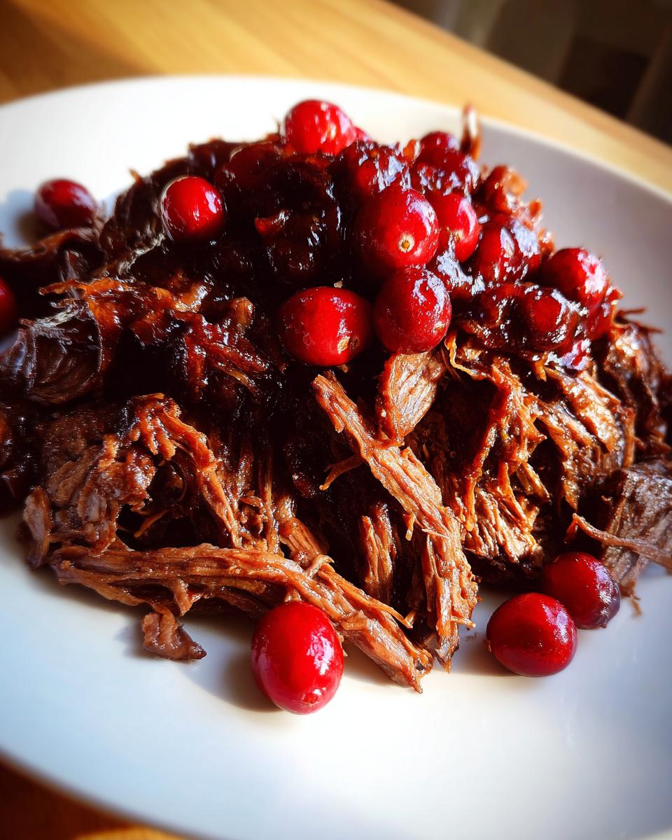 Close-up of tender, shredded cranberry pot roast topped with a rich sauce and fresh, whole cranberries.