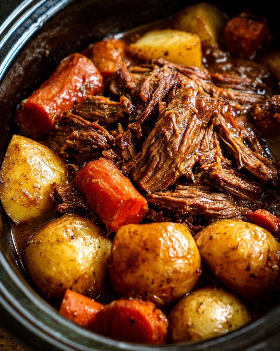 Close-up of tender, shredded beef surrounded by cooked potatoes and carrots in a rich gravy from the slow cooker pot roast.