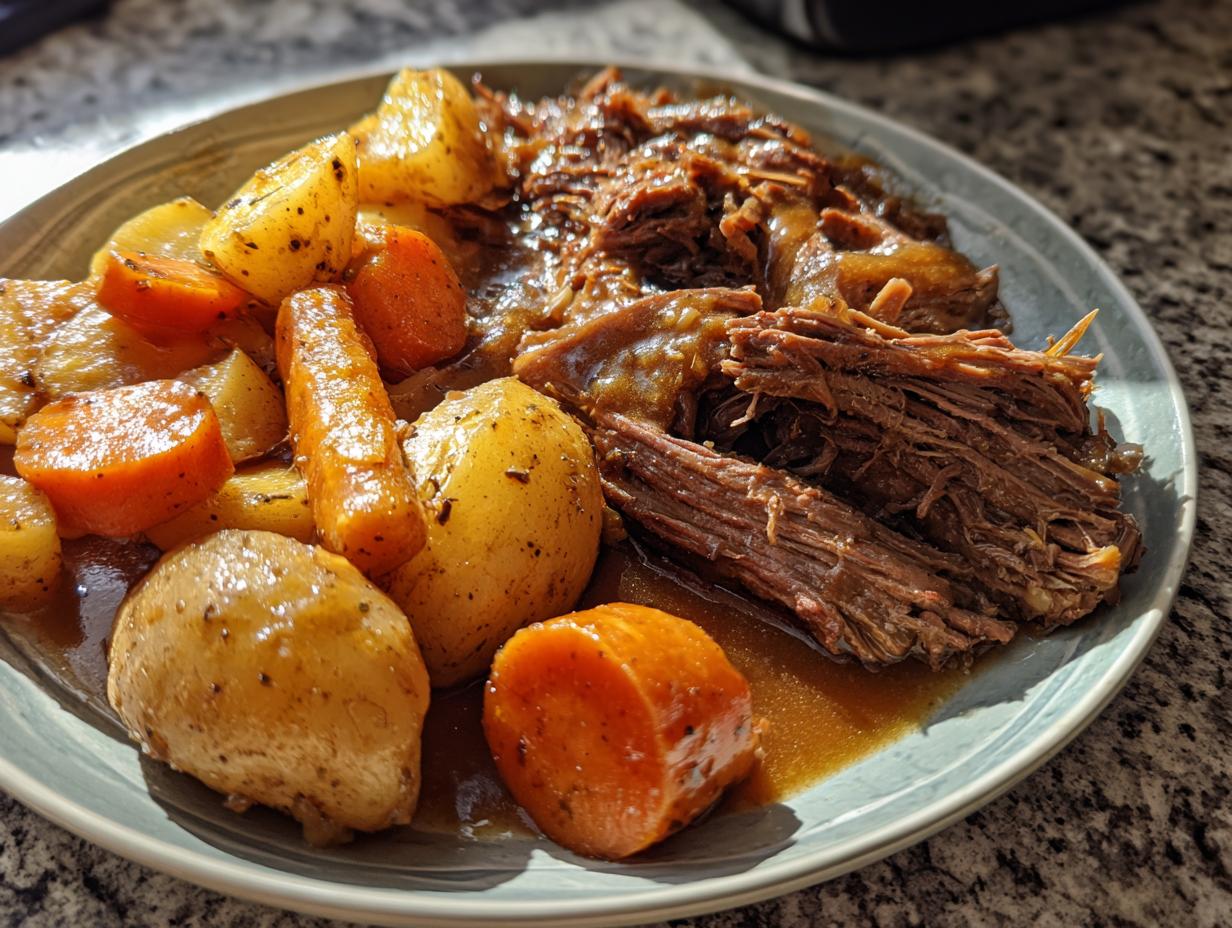 A plate of tender, shredded slow cooker pot roast served with whole potatoes and carrots in rich gravy.