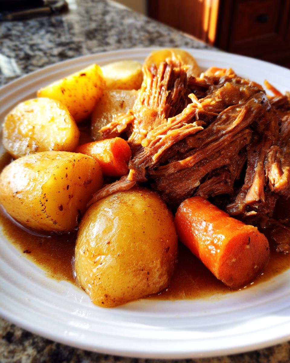 A plate featuring tender, shredded slow cooker pot roast served with whole cooked carrots and potatoes in rich gravy.