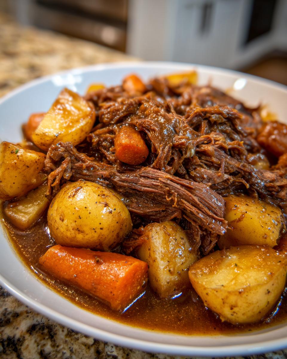 Close-up of tender shredded beef, potatoes, and carrots served in rich gravy from a slow cooker pot roast.