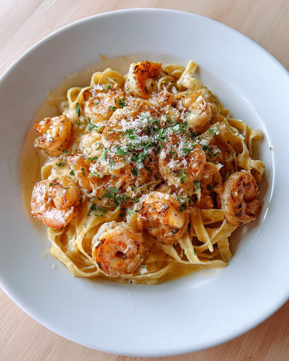 A white bowl filled with creamy shrimp alfredo pasta, topped with grilled shrimp and grated parmesan cheese.