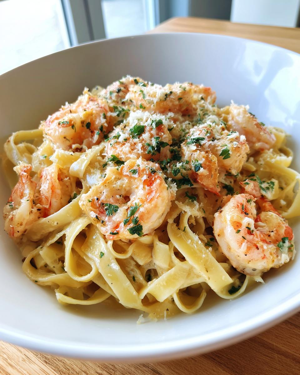 A close-up of rich shrimp alfredo pasta topped with grated Parmesan cheese and fresh parsley.