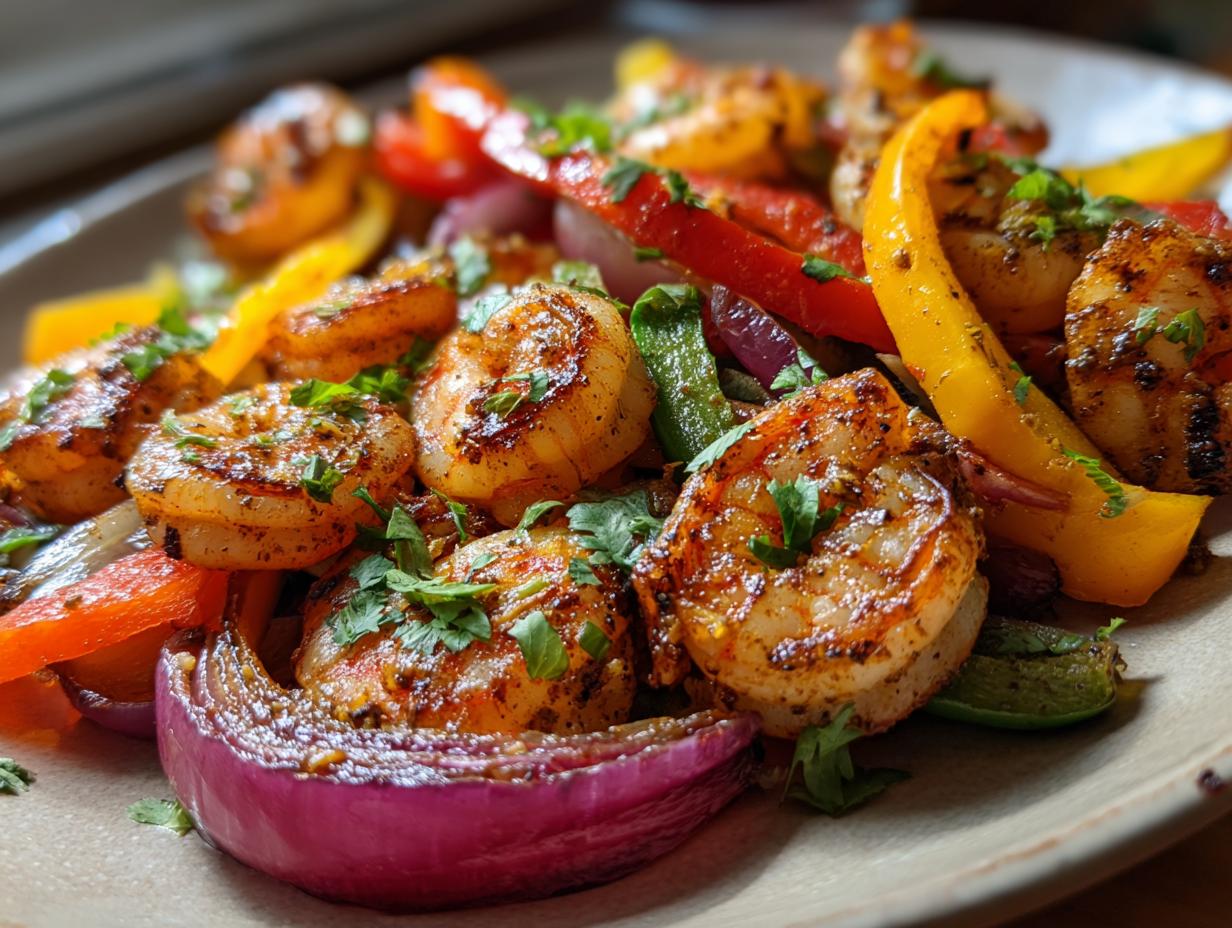 Close-up of perfectly seared shrimp fajitas mixed with colorful bell peppers and red onion, garnished with cilantro.