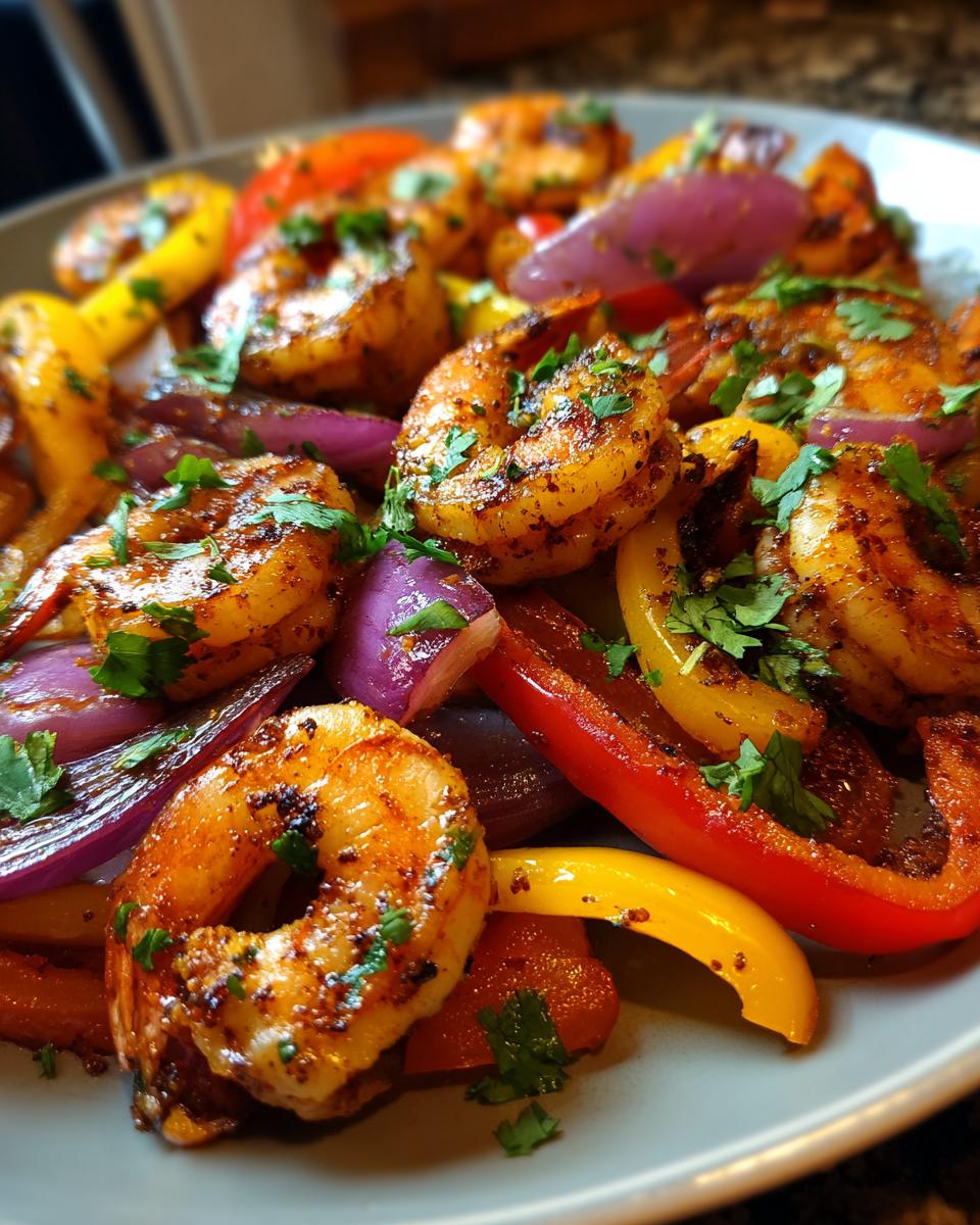 Close-up of perfectly cooked shrimp fajitas mixed with colorful bell peppers and red onions, garnished with cilantro.