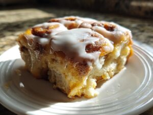 A close-up of a single, gooey piece of cinnamon roll casserole topped with white icing.