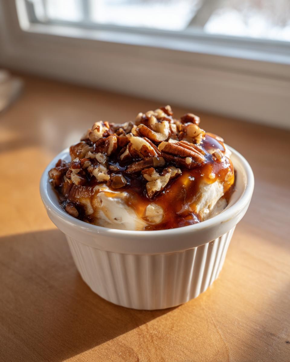A single serving of creamy pecan pie dip topped generously with caramel sauce and chopped pecans.