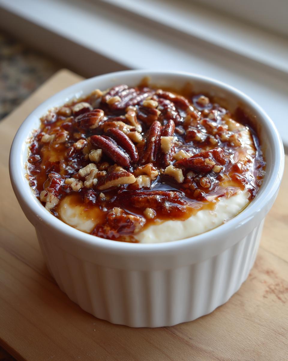 Close-up of a single serving pecan pie dip in a white ramekin, topped with gooey caramel and pecans.