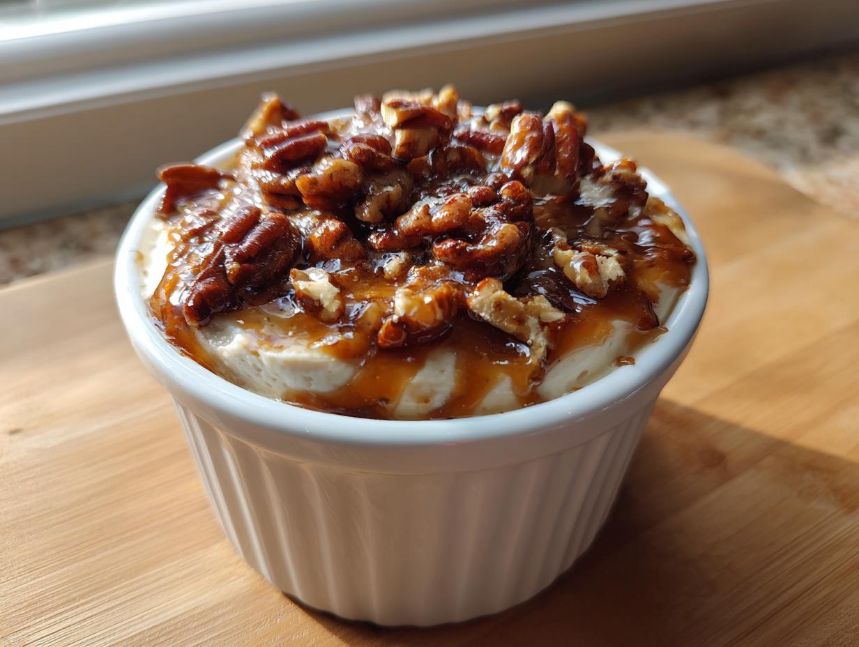A close-up of a single serving of creamy pecan pie dip topped generously with gooey caramel sauce and chopped pecans.