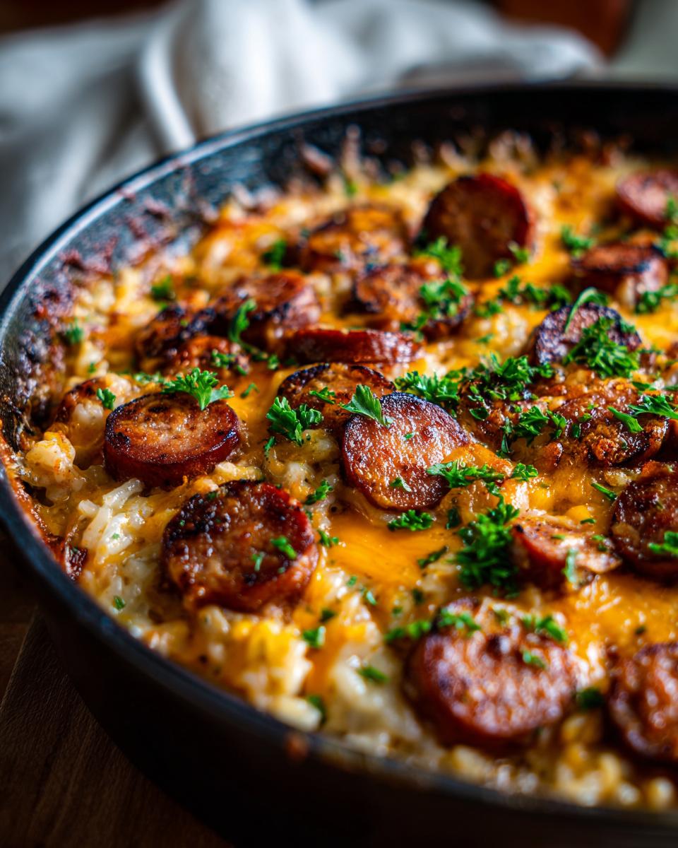 Close-up of a baked sausage and rice dish topped with melted cheddar cheese and fresh parsley.