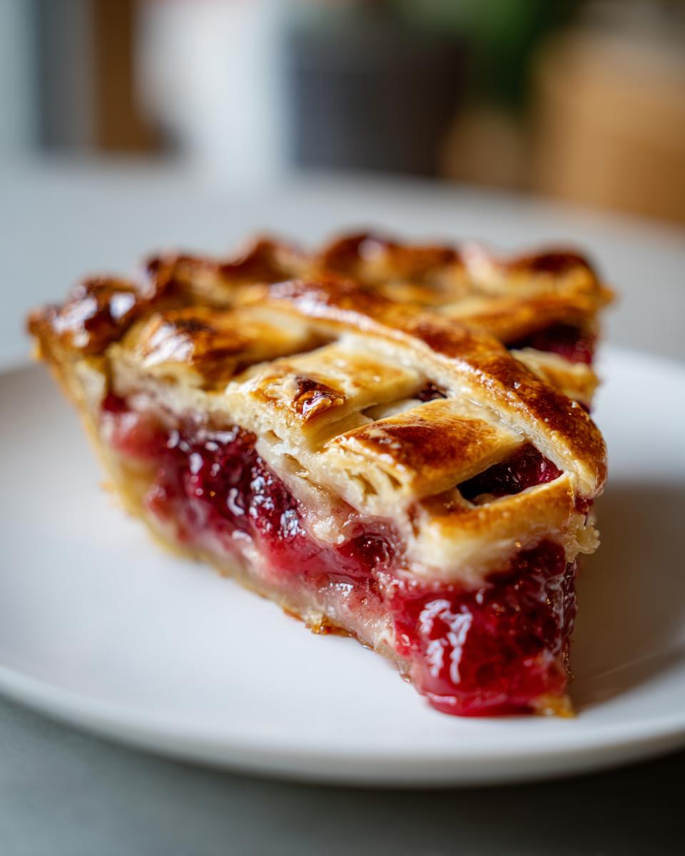 Close-up of a glistening slice of berry pie featuring a golden lattice crust and vibrant red fruit filling.
