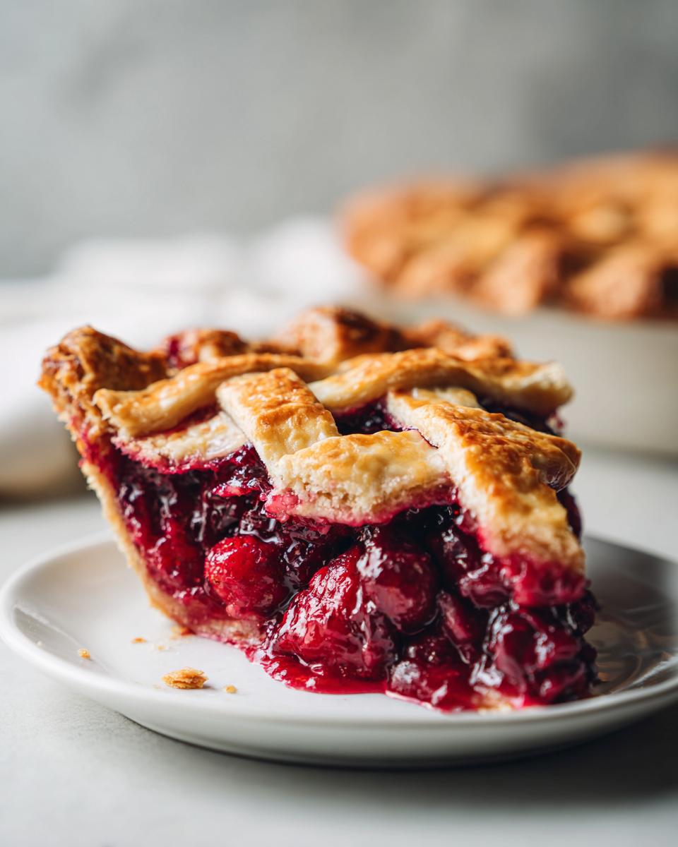 Close-up of a thick slice of berry pie showing a vibrant red filling and golden lattice crust.