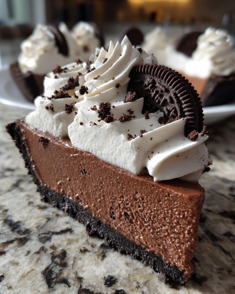 Close-up of a slice of rich Christmas chocolate cream pie with a dark crust, topped with whipped cream and an Oreo cookie.