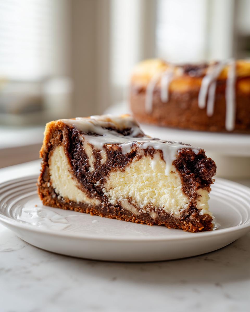 A close-up slice of marbled cinnamon roll cheesecake with a cream cheese swirl and white icing drizzle on a white plate.