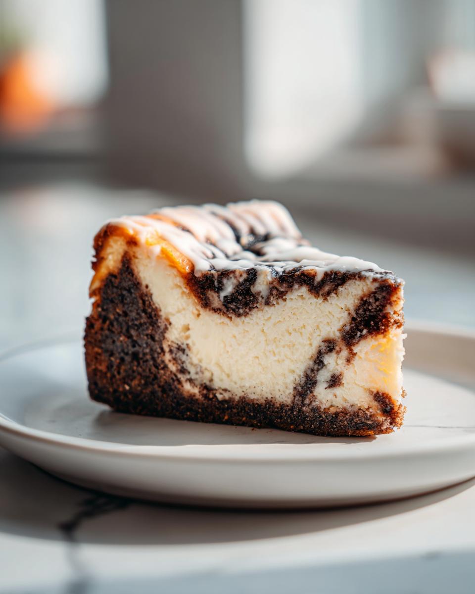 A close-up shot of a rich slice of cinnamon roll cheesecake featuring a marbled swirl pattern and white icing drizzle.